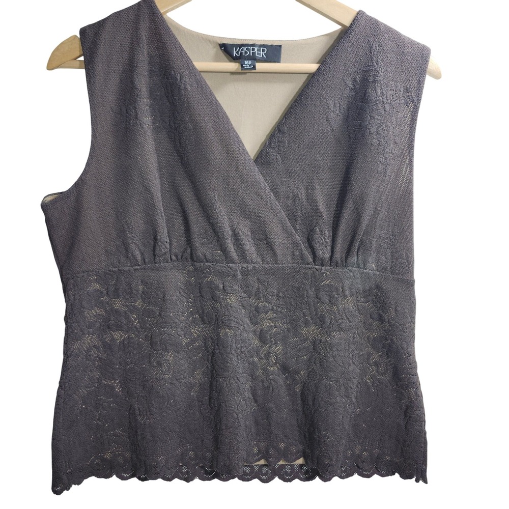 Kasper Women's Sleeveless Lace Top Petite‎ 16P Gray Lined V-Neck